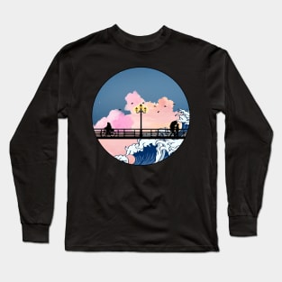 "On the Bridge" Graphic Design. Waves, Clouds, Stars, Birds. Long Sleeve T-Shirt